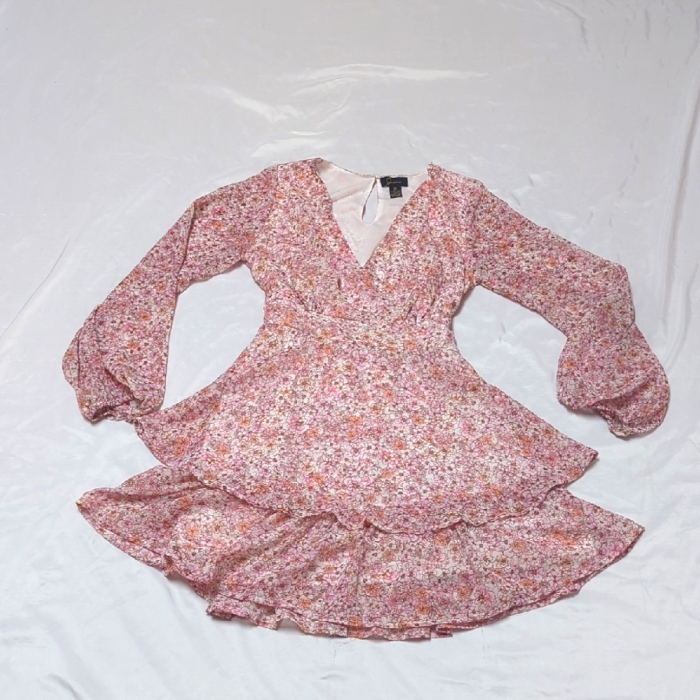 Japna Balloon Sleeve Cross Front Tiered Floral Prairie Cottage Boho Mini Dress